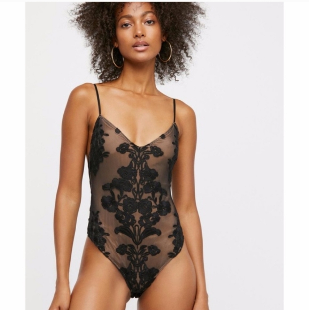 For Love And Lemons Black Sheer Floral Appliqué V-Neck Bodysuit
